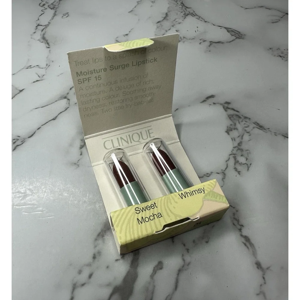 Clinique Moisture Surge SPF 15 Lipstick 2 Pack Travel Sweet Mocha & Whimsy NIB